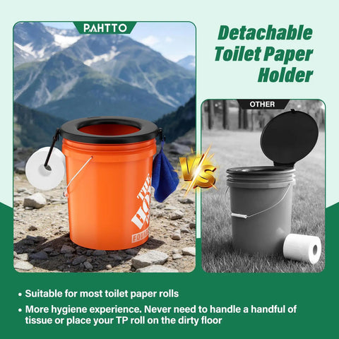 No Sweat Snap On Portable Toilet Seat For 5 Gallon Buckets Camping Pail Cover with detachable toilet paper holder in outdoor setting.