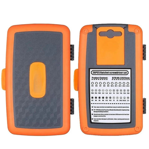 Get Ready For Any DIY Job With This Heavy Duty 135 Piece Ratcheting Wrench And Screwdriver Set Featuring Magnetic Bits Torx Heads And Orange Grip For Home Auto Maintenance Tasks case closed, 38-piece ratchet screwdriver set with orange grip