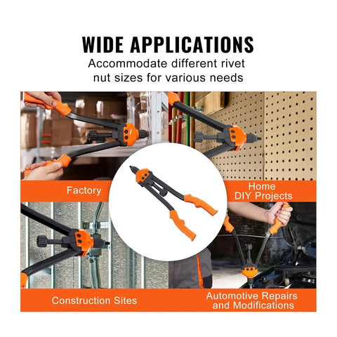 Super Cool 16 Inch Rivet Nut Tool Kit With Labor Saving Design, Featuring 13 Metric Sae Mandrels And A Bunch Of Rivet Nuts For Easy Auto Repair And Fastening Jobs Without Breaking A Sweat, shown in factory and DIY use