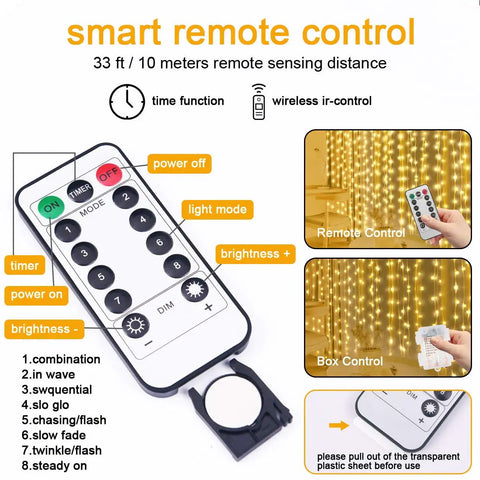 Smart remote control for Fairy Curtain Lights 300 LED Warm White Window Curtain String Light, with various light modes and timer.