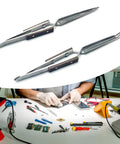 Grab These Auto Closing Soldering Tweezers For Jewelry Repair And Precision Welding Tasks Made Easy With Super Tight Grip Clamps That Hold Small Metal Parts Securely While You Work On Electronics Without A Sweat Or Slip Ups. Silver stainless steel tweezers with wooden grips displayed over a workspace.