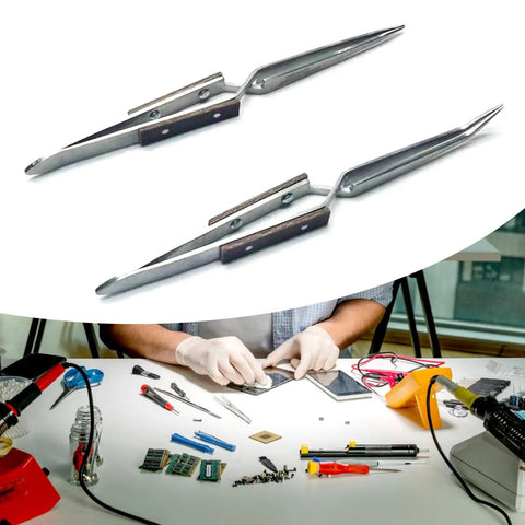 Precision Cross Tip Soldering Tweezers For Hot Welding Electronics Circuit Board Repair Clamps With Non Slip Handles shown on table with tools.