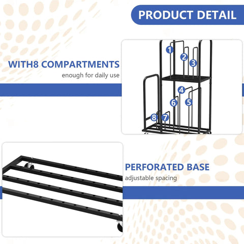 Two Tier Mobile Carton Cart With Eight Adjustable Dividers Rolling Packing Station For Home Or Warehouse shown with compartments and perforated base.