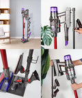 Durable Floor Storage Stand For Dyson V15 Detect V11 V10 V8 V7 V6 Cordless Vacuum Cleaners With Full Metal Organizer And Six Hooks Stable Docking Station In Silver Grey, showcasing vacuum storage and organization with a modern design.