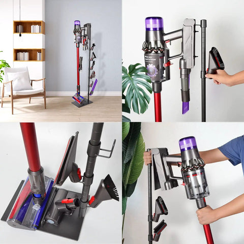 Durable Floor Storage Stand For Dyson V15 Detect V11 V10 V8 V7 V6 Cordless Vacuum Cleaners With Full Metal Organizer And Six Hooks Stable Docking Station In Silver Grey, showcasing vacuum storage and organization with a modern design.