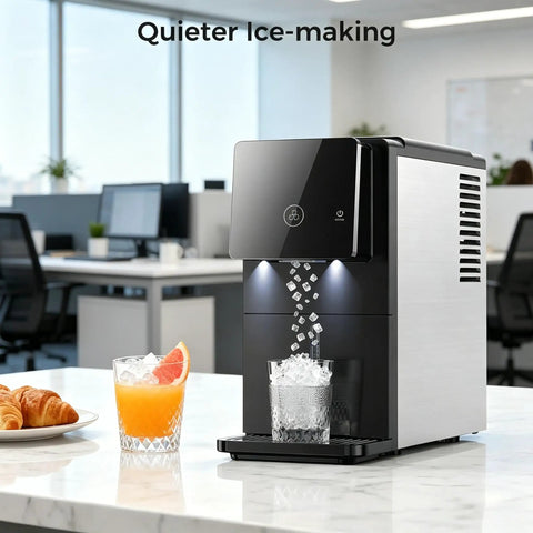 Smooth Operator Countertop Nugget Ice Maker With Snap Pour Auto Dispenser 33 Lbs on countertop with drinks and croissants.