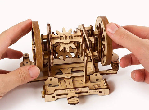 Build A Legit Working Vehicle Differential System With This Hands On Wooden Model Kit showcasing detailed gears in a wooden assembly.