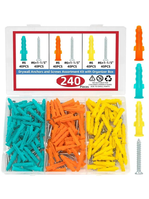 Drywall Anchors and Screws Kit, 240 Pieces With Organizer Box For Easy No Prep Self Drilling Installation, Yellow Zinc Plated Carbon Steel, Rust Resistant Wall Mount Hardware For DIY Projects, assorted anchors and screws