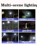 JUDYSSY Solar Flood Lights 65W100W120W150W showcased in different outdoor settings: patio, community, court, garden, aisle, and square.
