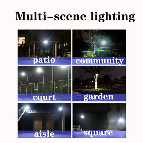 JUDYSSY Solar Flood Lights 65W100W120W150W showcased in different outdoor settings: patio, community, court, garden, aisle, and square.