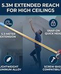 Heavy Duty Smoke Alarm Removal Tool With Extended Telescoping Aluminum Pole for High Vaulted Ceilings in use, showing 5.3m reach.