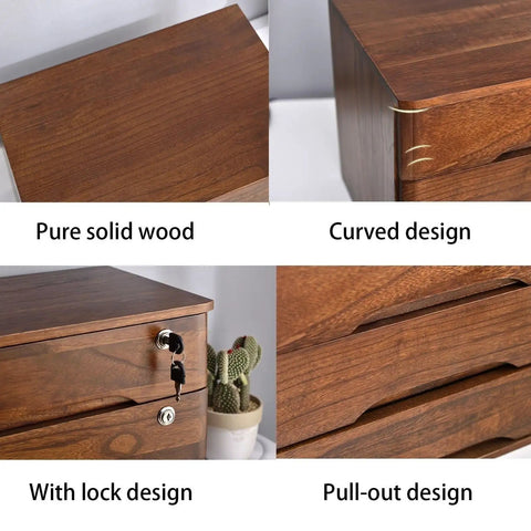 Solid Wood 4-Tier Desk Storage Box With Lockable Drawers featuring pure wood, curved and pull-out design, lock detail visible.