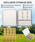 Exclusive storage box for Top Shelf Titanium Coated Replacement Blades For Robotic Lawn Mowers, featuring four compartments.