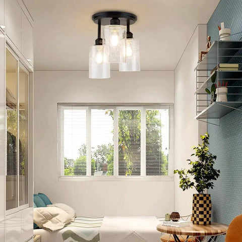 Semi Flush Mount Ceiling Light With Farmhouse Vibe And Seeded Glass, 3-Light Chandelier Fixture in a modern bedroom setting