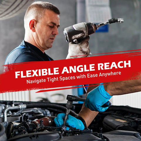 Mechanic using Flexible Universal Joint Socket Swivel Set Three Piece One Half Inch One Quarter Inch Three Eighth Inch Premium CR MO Steel Wobble Adapters With Black Coating For Heavy Duty Tough Tasks on car engine