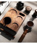 Top view of Straight Up Organized Espresso Tamper Station With Universal 51 To 58mm Base And Built In Powder Dispenser Premium Walnut Barista Organizer.