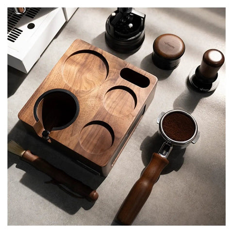 Top view of Straight Up Organized Espresso Tamper Station With Universal 51 To 58mm Base And Built In Powder Dispenser Premium Walnut Barista Organizer.