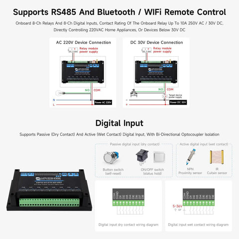 Diagram showing Industrial 8-Channel ESP32-S3 WiFi Relay Module with onboard RS485, digital input wiring, and AC/DC connections.