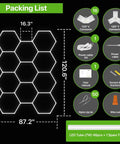 Packing list of Hexagon Garage Light Fixture With 3 Level Dimmable Brightness, 322W Power, showing components and dimensions.