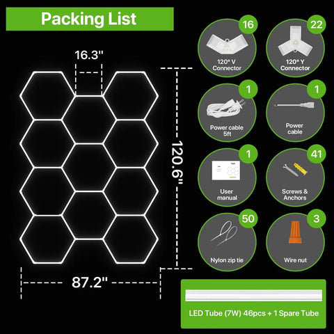Packing list of Hexagon Garage Light Fixture With 3 Level Dimmable Brightness, 322W Power, showing components and dimensions.