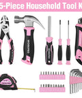 Pink 35 Piece Tools Set With Storage Toolbox For Home Garage Dorm And Apartment Essential Tool Kit For New House Projects And Back To School Prop 65 Safe Pink Ribbon Supports Helping Women Now, featuring claw hammer, pliers, screwdrivers, and bits.