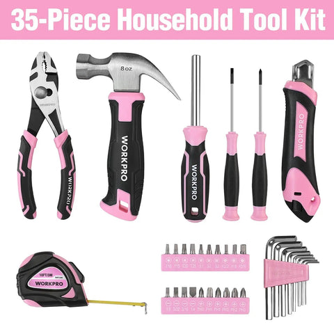 Pink 35 Piece Tools Set With Storage Toolbox For Home Garage Dorm And Apartment Essential Tool Kit For New House Projects And Back To School Prop 65 Safe Pink Ribbon Supports Helping Women Now, featuring claw hammer, pliers, screwdrivers, and bits.