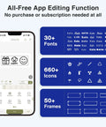 Sweet Setup Wireless Label Maker With Fast Typing Keyboard And Bluetooth Paired Smart App for editing with icons and fonts on screen.