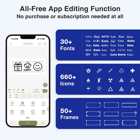 Sweet Setup Wireless Label Maker With Fast Typing Keyboard And Bluetooth Paired Smart App for editing with icons and fonts on screen.