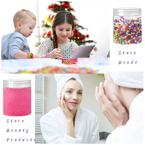 Collage of 20 Pack 4oz Clear Plastic Jars with Lids used for beads and lotion storage, shown in crafting and beauty settings.