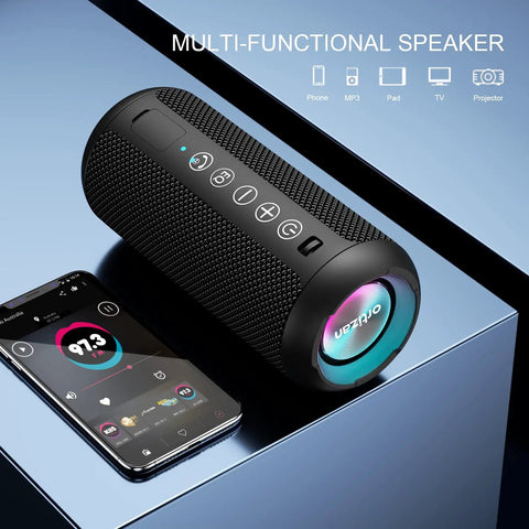 Rugged Portable Bluetooth Speaker With 24W Stereo Sound Deep Bass TWS Pairing IPX7 Waterproof shown with phone interface
