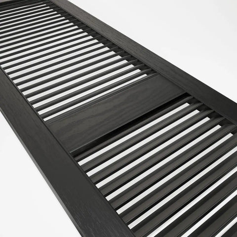 Close-up of Lifetime Vinyl Open Louver Shutters With Cathedral Top Center Mullion, 14-1/2W x 36H, black woodgrain texture.