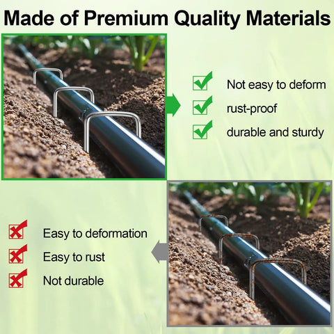 Heavy Duty Tough As Nails 5 Inch 11 Gauge Galvanized Garden Stakes securing irrigation tubing in soil