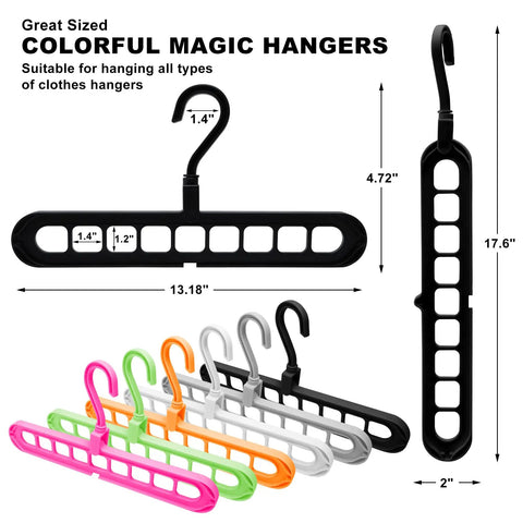 Six Pack Space Saving Closet Hangers For Dorm Rooms, Heavy Duty 9-Hole Wardrobe Organizers in multicolor with measurements shown
