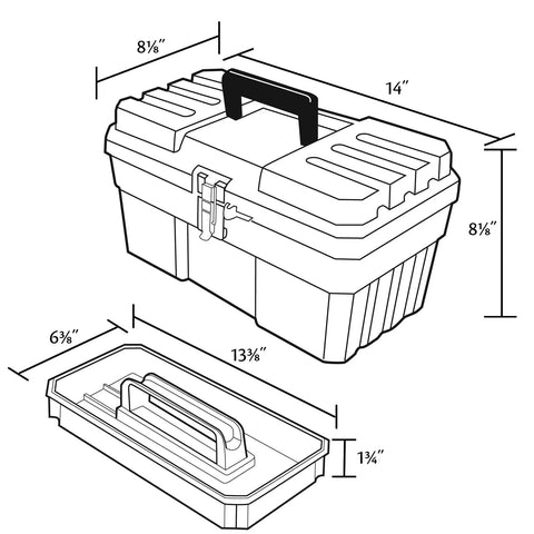 Dimensions diagram of Workhorse 14 Inch Plastic Toolbox with removable tray, steel latch, and padlock eye, clear 14 x 8 x 8