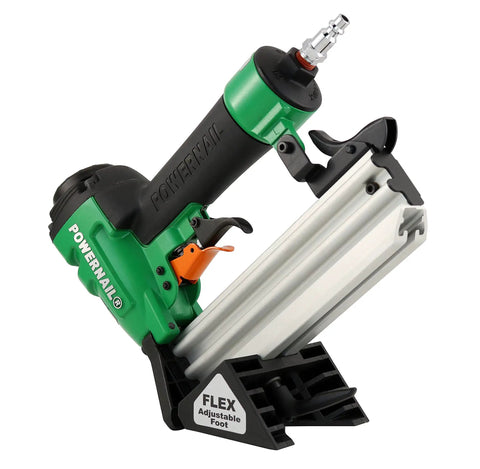 Slick 20 Gauge Pneumatic L Cleat Flooring Nailer Kit For Snapping Down Engineered And Hardwood Planks With Quick Trigger Pull Activation Flexible Height Foot And No Fuss Carry Case, featuring adjustable flex foot and ergonomic design.