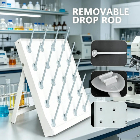 Mobile Laboratory Drying Rack With Detachable Drip Rod For Lab Glassware, featuring removable pegs and sturdy polypropylene construction.