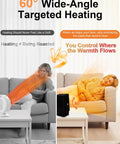 Indoor Space Heater Portable PTC Desktop Heater with 2 Second Fast Heat and 60 Degree Adjustable Angle in a living room setting.
