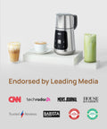 All In One Milk Frother For Home Baristas With 450ml Capacity, Auto Foam Maker displayed with coffee and matcha drinks