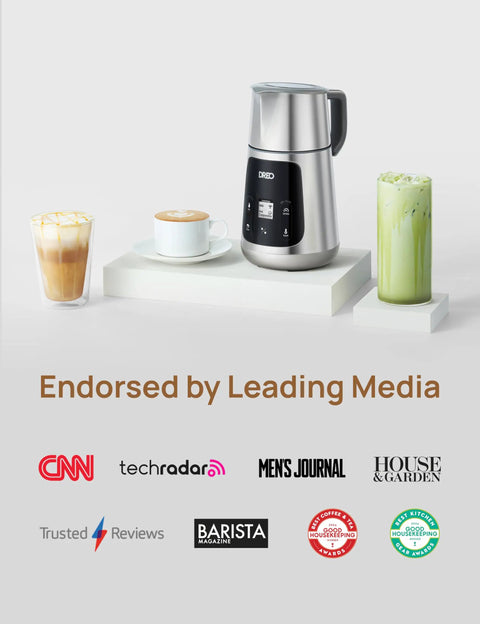 All In One Milk Frother For Home Baristas With 450ml Capacity, Auto Foam Maker displayed with coffee and matcha drinks