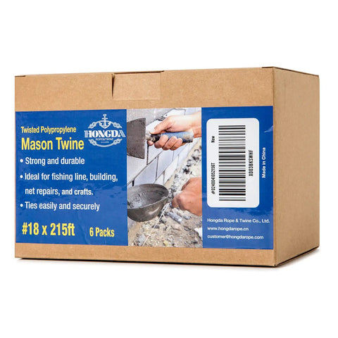 Box of twisted polypropylene mason twine packs labeled for masonry jobs, ideal for construction and crafts, 18 x 215 ft.