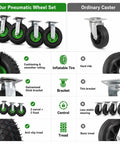 10 Inch Heavy Duty Pneumatic Casters Set Of 4 With Silky Smooth Air Rubber Tires comparison image showing features against ordinary casters.