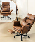 100-130 Degree Reclining Tall Office Chair With Foot Rest And Adjustable Armrests, brown microfiber upholstery, in home setting