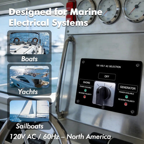 AC Rotary Selector Switch Panel For Boats And Yachts 120V 30A Marine Shore Power Transfer Switch installed on boat control panel