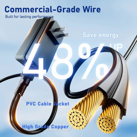 Commercial-grade wire with PVC jacket and high-grade copper for 100 Ft LED Outdoor String Lights With Remote Control.