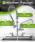 Commercial Wall Mount Kitchen Sink Faucet With High Pressure Pre Rinse Sprayer And Add On Swing Spout 8 Inch Adjustable Centers, polished finish, rotating head.