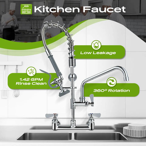 Commercial Wall Mount Kitchen Sink Faucet With High Pressure Pre Rinse Sprayer And Add On Swing Spout 8 Inch Adjustable Centers, polished finish, rotating head.