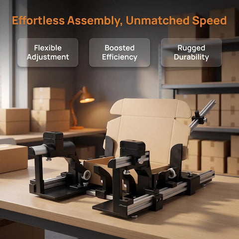 Top Shelf Adjustable Aluminum Box Folder For Shipping Reusable Packing Jig Delivers No Sweat Packing Heavy Duty Cardboard Folds Up To 15 Cm with adjustable clamp on a worktable.