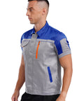 Mens Short Sleeve Mechanic Work Jacket With Reflective Safety Stripes And Heavy Duty Zipper Durable Contrast Utility Shirt Built Different And Kick Ass For The Daily Hustle on model, showing side profile in grey and blue.