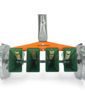 Front view of Metal Precision Manual Seeder For Vegetables And Greens Four Row Planting Tool in orange and green with adjustable spacing.