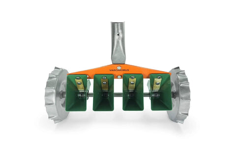 Front view of Metal Precision Manual Seeder For Vegetables And Greens Four Row Planting Tool in orange and green with adjustable spacing.